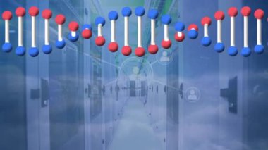 Sunucu odasındaki ikonlar ve DNA iplikçikleriyle bağlantı ağının animasyonu. küresel iş, finans, bağlantılar ve dijital arayüz konsepti dijital olarak oluşturulmuş video.