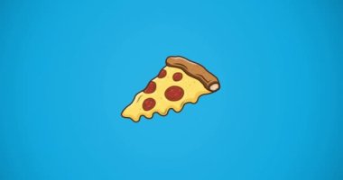 Mavi arka planda pizza parçasının animasyonu. yiyecek ve içecek konsepti dijital olarak üretilen video.