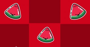 Kırmızı arka planda karpuz ve elma ikonlarının animasyonu. yiyecek ve içecek konsepti dijital olarak üretilen video.