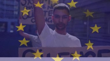 Çeşitli insanları protesto eden eu bayrağı videosu. küresel ağlar, iş ve bağlantılar konsepti dijital olarak oluşturulmuş video