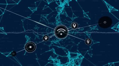 Mavi arkaplandaki simgelerle bağlantı ağının canlandırılması. küresel iş, finans ve dijital arayüz kavramı dijital olarak oluşturulmuş video.