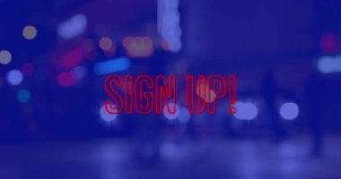 Gece mavi arka planda şehir manzarası üzerinde imzalı metin animasyonu. Sosyal medya ve iletişim arayüzü kavramı dijital olarak oluşturulmuş video.