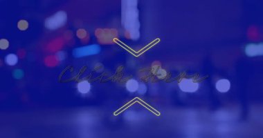 Gece mavi arkaplanda şehir manzarası üzerinde buraya tıklanmasının animasyonu. Sosyal medya ve iletişim arayüzü kavramı dijital olarak oluşturulmuş video.