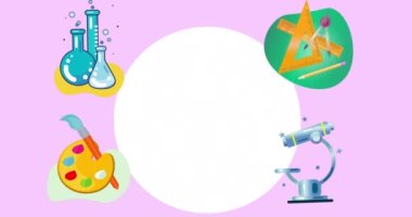 Pembe arka planda okul eşyaları ikonları üzerine mutlu öğretmenler günü animasyonu. eğitim ve öğrenme kavramı dijital olarak oluşturulmuş video.