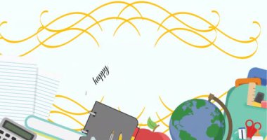 Beyaz arka planda okul eşyaları simgeleri üzerine mutlu öğretmenler günü animasyonu. eğitim ve öğrenme kavramı dijital olarak oluşturulmuş video.