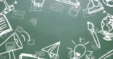 Yeşil arka planda okul eşyaları simgeleri üzerine mutlu öğretmenler günü animasyonu. eğitim ve öğrenme kavramı dijital olarak oluşturulmuş video.