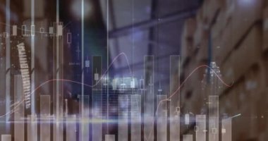 Boş bir depoda finansal veri işleme animasyonu. küresel sevkiyat, dağıtım ve bağlantılar konsepti dijital olarak oluşturulmuş video.