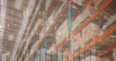 Boş bir depoda finansal veri işleme animasyonu. küresel sevkiyat, dağıtım ve bağlantılar konsepti dijital olarak oluşturulmuş video.