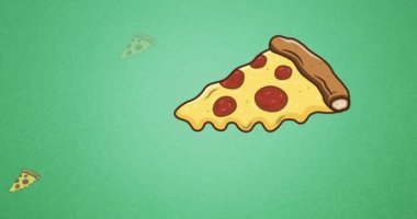 Yeşil arka planda birden fazla pizza ikonu canlandırması. yiyecek ve içecek konsepti dijital olarak üretilen video.