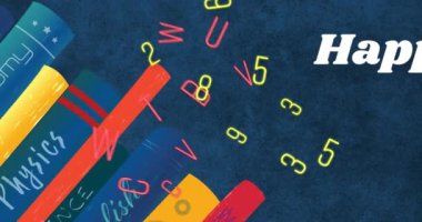 Kitaplar, sayılar ve mavi arkaplanda harfler eşliğinde mutlu öğretmenler günü animasyonu. eğitim ve öğrenme kavramı dijital olarak oluşturulmuş video.