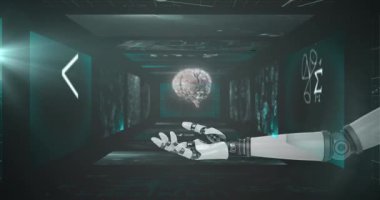 Dijital beyin animasyonu ve robotik el, matematiksel denklemleri siyah arkaplan üzerine kuruyor. küresel bağlantılar, dijital arayüz ve teknoloji konsepti dijital olarak oluşturulmuş video.