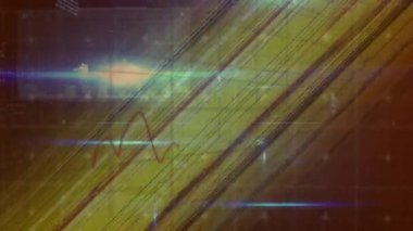 Turuncu arka plandaki finansal veri işleme üzerindeki ışık noktalarının animasyonu. küresel finansman, dijital arayüz ve teknoloji konsepti dijital olarak oluşturulmuş video.