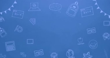 Mavi arkaplandaki okul eşyaları simgeleri üzerine mutlu öğretmenler günü animasyonu. eğitim ve öğrenme kavramı dijital olarak oluşturulmuş video.