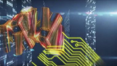 Mavi arkaplanda hareket eden şekil ve çizgilerin animasyonu. küresel iş, finans ve dijital arayüz kavramı dijital olarak oluşturulmuş video.