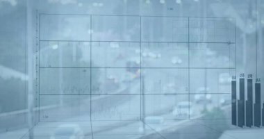 Şehir manzarası üzerinde veri işleme animasyonu. küresel iş, finans, bağlantılar ve dijital arayüz konsepti dijital olarak oluşturulmuş video.