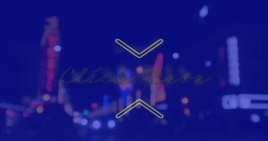 Gece mavi arkaplanda şehir manzarası üzerinde buraya tıklanmasının animasyonu. Sosyal medya ve iletişim arayüzü kavramı dijital olarak oluşturulmuş video.
