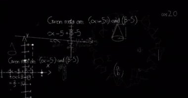 Matematiksel denklemlerin siyah arkaplan üzerindeki animasyonu. küresel iş, dijital arayüz ve teknoloji konsepti dijital olarak oluşturulmuş video.