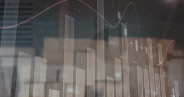 Boş bir depoda finansal veri işleme animasyonu. küresel sevkiyat, dağıtım ve bağlantılar konsepti dijital olarak oluşturulmuş video.