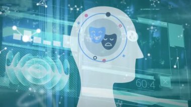 Sunucu odasında maskeli ve veri işleyen kafa animasyonu. küresel iş, finans ve dijital arayüz kavramı dijital olarak oluşturulmuş video.