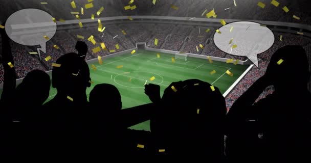 スポーツファンの上に金のコンフェッティのアニメーションやスポーツ競技場のコピースペースとスピーチバブル 競争スポーツ競争の概念デジタルで生成されたビデオ — ストック動画