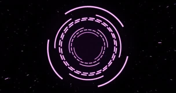 Анимация Пурпурных Круглых Интерфейсов Пульсирующих Вращающихся Над Пятнами Черном Фоне — стоковое видео