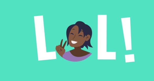Animatie Van Lol Tekst Met Glimlachende Vrouw Pictogram Groene Achtergrond — Stockvideo