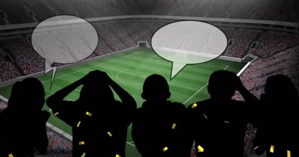 Animatie Van Gouden Confetti Sportfans Spraakzeepbel Met Kopieerruimte Het Sportstadion — Stockvideo