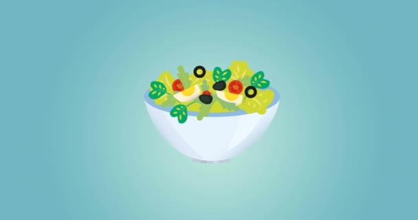 Animacja Sałatki Warzywnej Ikonie Miski Niebieskim Tle Koncepcja Żywności Napojów — Wideo stockowe