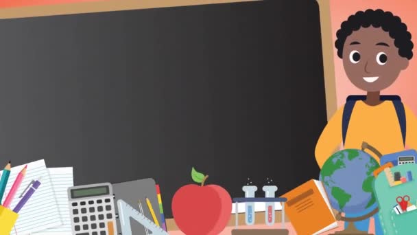Animation Des Glücklichen Lehrertages Über Schulutensilien Auf Orangefarbenem Hintergrund Bildungs — Stockvideo