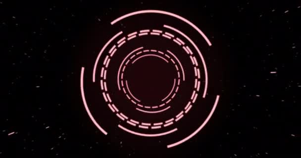 Анимация Розовых Круговых Интерфейсов Пульсирующих Вращающихся Над Пятнами Черном Фоне — стоковое видео