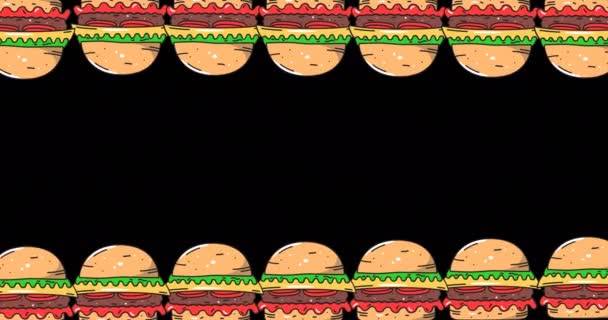 Animación Múltiples Iconos Hamburguesas Sobre Fondo Negro Concepto Alimentos Bebidas — Vídeo de stock