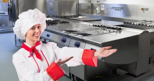 Animering Kaukasisk Kvinnlig Kock Över Tomt Kök Mat Och Dryck — Stockvideo