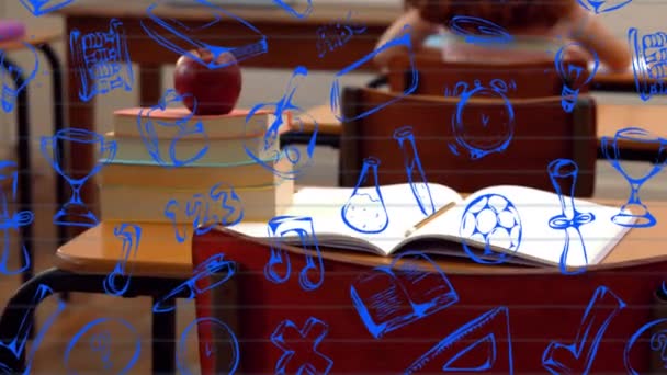 Animatie Van Schoolartikelen Pictogrammen Diverse Schoolkinderen Klas Onderwijs Leerconcept Digitaal — Stockvideo