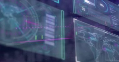 Mavi arkaplanda veri işleme animasyonu. küresel iş, finans ve dijital arayüz kavramı dijital olarak oluşturulmuş video.