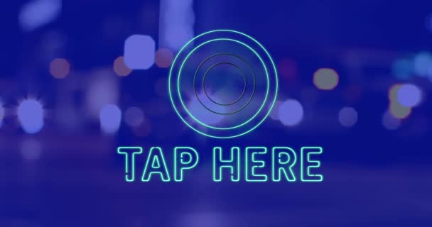 Animation Tap Here Text Cityscape Night Blue Background Social Media — Stock Video