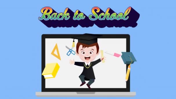 Animation Back School Text School Items Εικονίδια Μπλε Φόντο Εκπαίδευση — Αρχείο Βίντεο