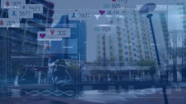 Animatie Van Mediapictogrammen Gegevensverwerking Stadsgezicht Mondiaal Business Digital Interface Concept — Stockvideo