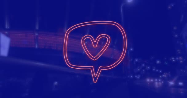 Gece Mavi Arka Planda Şehir Manzarası Üzerinde Kalp Ikonu Canlandırması — Stok video