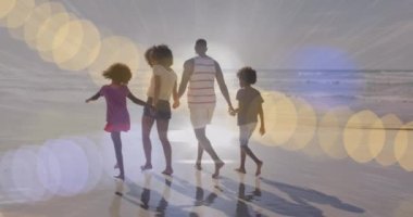 Afro-Amerikan ailesinin birlikte yürüdüğü ışık noktalarının animasyonu. yürüyüş günü ve dijital olarak oluşturulan video konsepti.