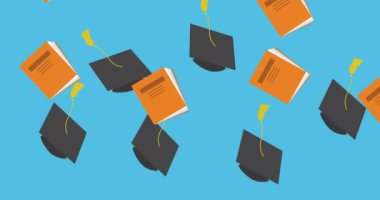 Mezuniyet şapkaları ve mavi arka plana düşen kitapların animasyonu. eğitim ve öğrenme kavramı dijital olarak oluşturulmuş video.