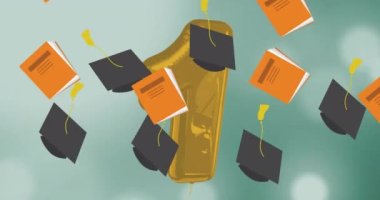 Mezuniyet keplerinin ve kitapların numaralar ve yeşil arkaplandaki ışık noktalarının animasyonu. eğitim ve öğrenme kavramı dijital olarak oluşturulmuş video.