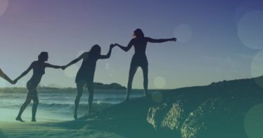Animation of diverse friends walking together and holding hands. walk day and celebration concept digitally generated video.