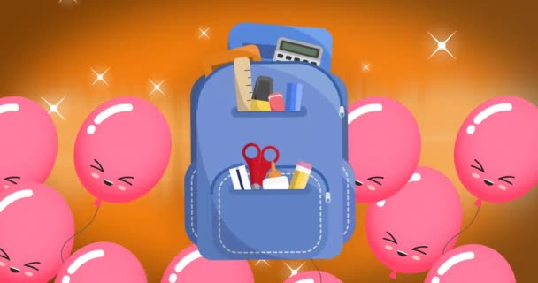 在橙色背景的气球上动画背包图标 教育及学习概念数码录影 — 图库视频影像