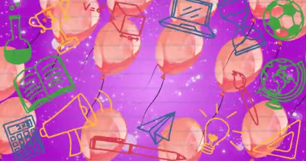 Animace Školní Předměty Ikony Nad Balónky Fialovém Pozadí Koncepce Vzdělávání — Stock video