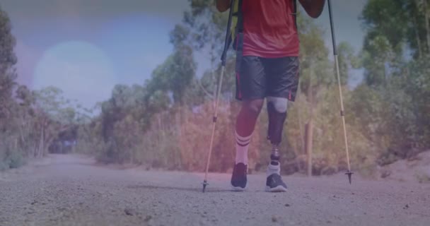 山の中を歩く障害者の獣人の上の光のスポットのアニメーション 散歩の日とお祝いのコンセプトデジタル生成ビデオ — ストック動画