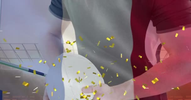 Анимация Флага Франции Конфетти Над Кавказским Игроком Регби Мячом Стадионе — стоковое видео