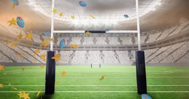 橄榄球上的明星们的动画 球上挂满了挂满了飞毛腿的旗帜 体育和社交媒体概念数字制作视频 — 图库视频影像
