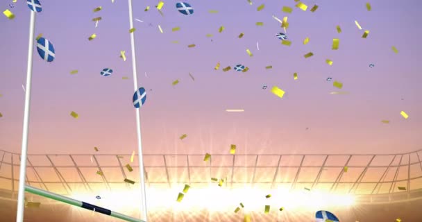 Stadyuma Düşen Skoçya Bayrağıyla Boyanmış Ragbi Topları Üzerinde Konfeti Animasyonu — Stok video