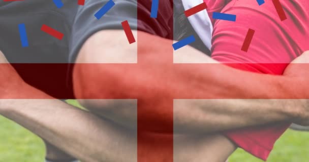 Animacja Flagi Anglii Konfetti Nad Białymi Męskimi Rugbystami Stadionie Koncepcja — Wideo stockowe