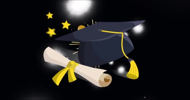 Animación Gorra Graduación Sobre Globos Manchas Luz Sobre Fondo Negro — Vídeo de stock